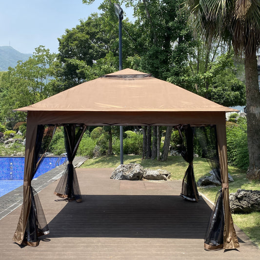 11 x 11 Ft 2-Tier Top Pop-Up Gazebo With Removable Zipper Netting and 4 Sandbags,Brown