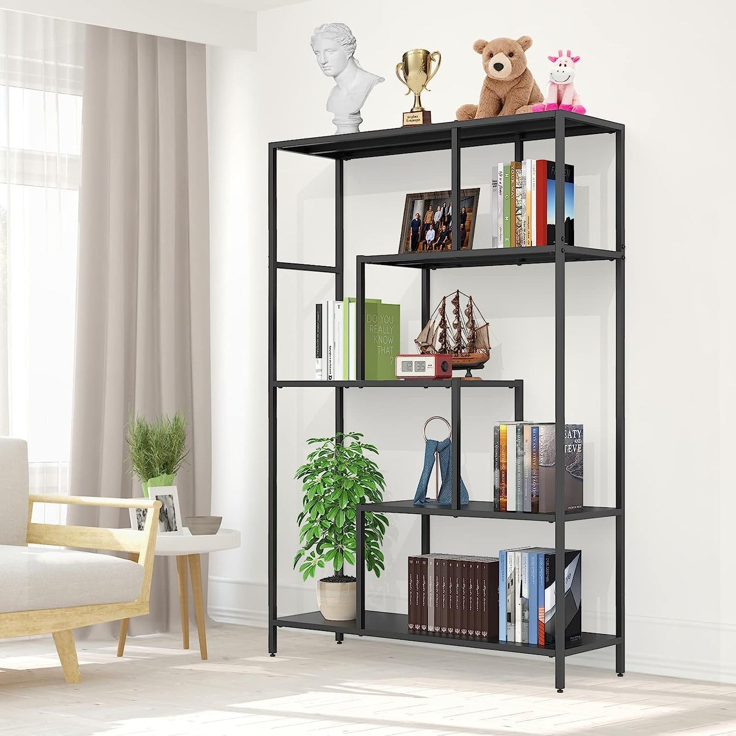 5-Tier Metal Industrial Bookshelf - 59in Height, 39in Width,Rustic Black Display Shelves,Bookcase for Living Room, Bedroom, Kitchen, Office,Farmhouse Decor, Sturdy and Stylish