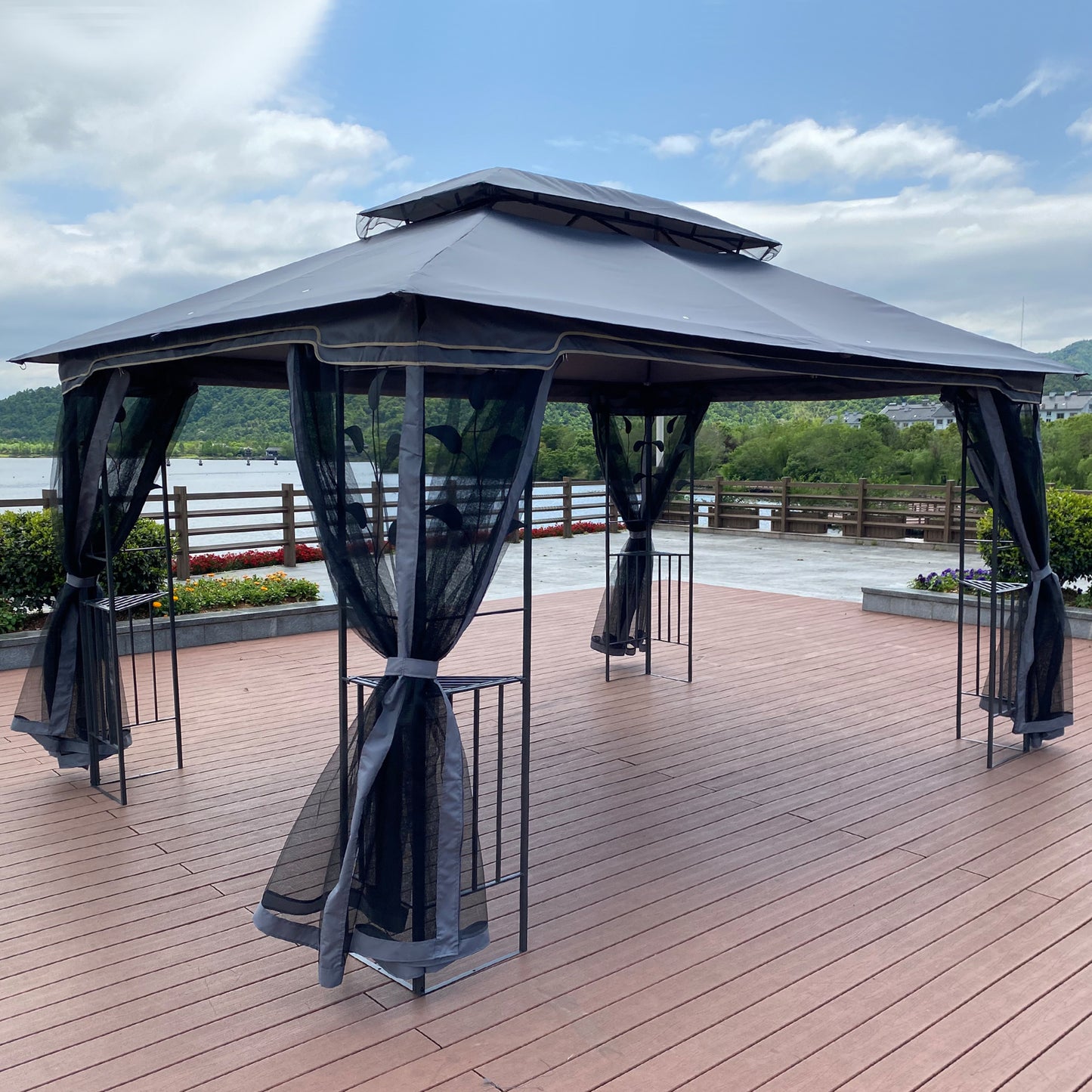 13x10 Outdoor Patio Gazebo Canopy Tent With Ventilated Double Roof And Mosquito net,Gray Top