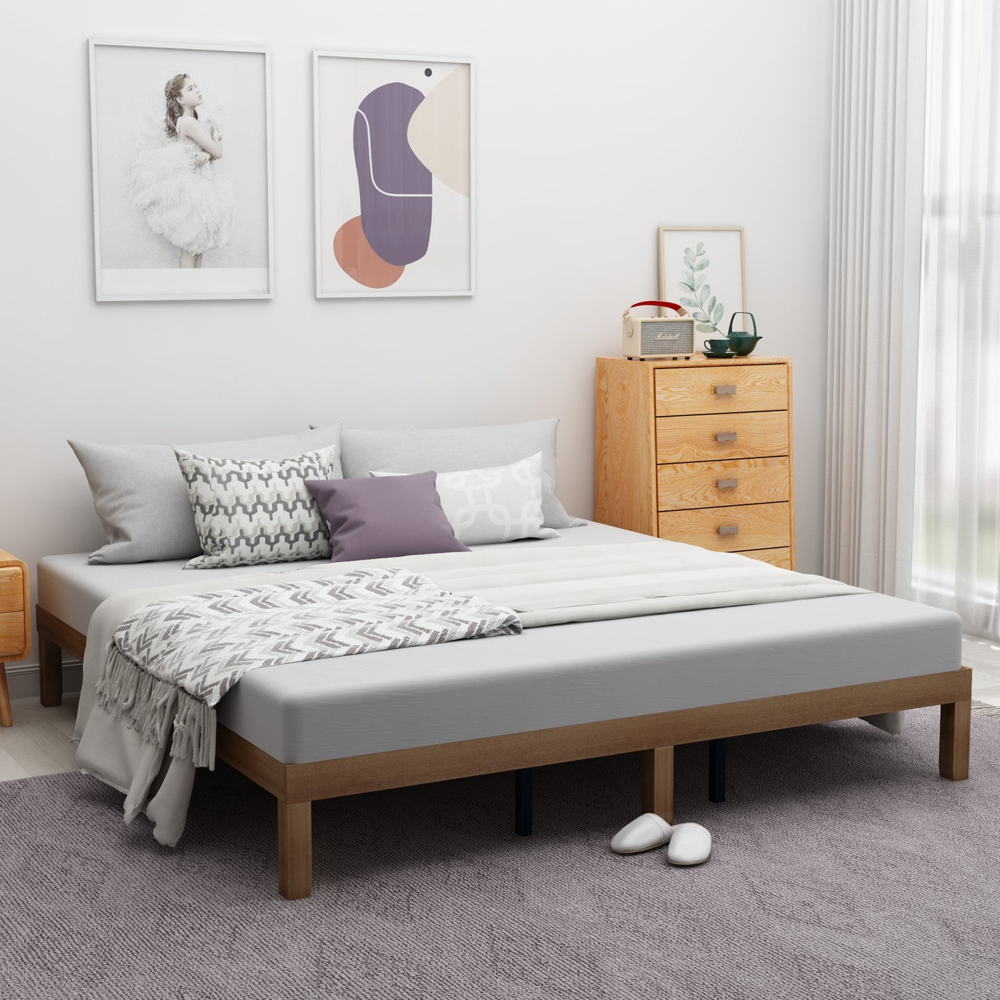 King Size Solid Wood Platform Bed, No Box Spring Needed, Strong Wood Slat Support, Easy Assembly